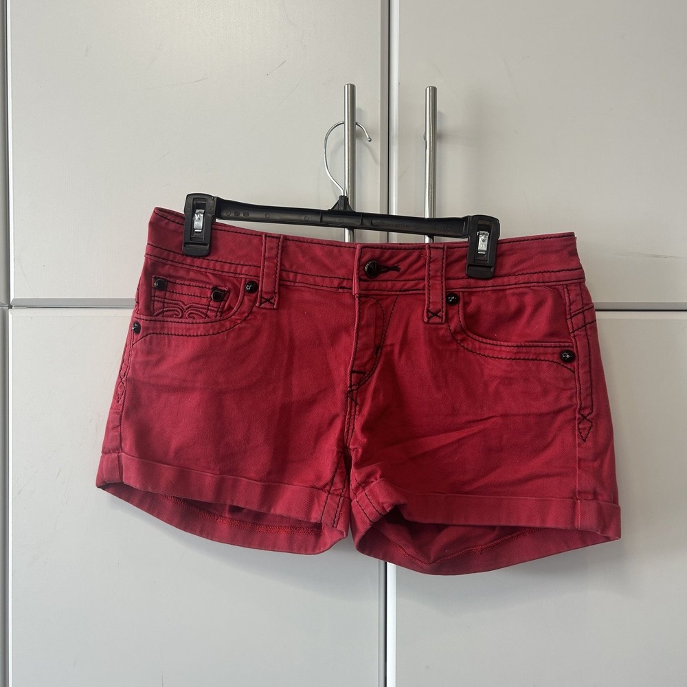 Rock Revival Red Jen H65 Low Rise Denim Shorts Size 29 Black Stitch Fleur De Lis